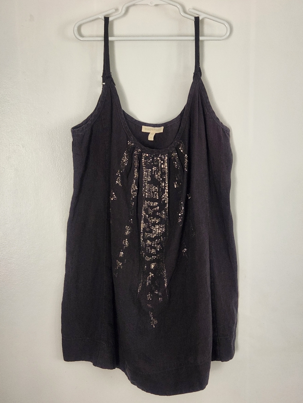 EILEEN FISHER Charcoal Gray Organic Linen Sequin Cami Top Blouse Medium $188